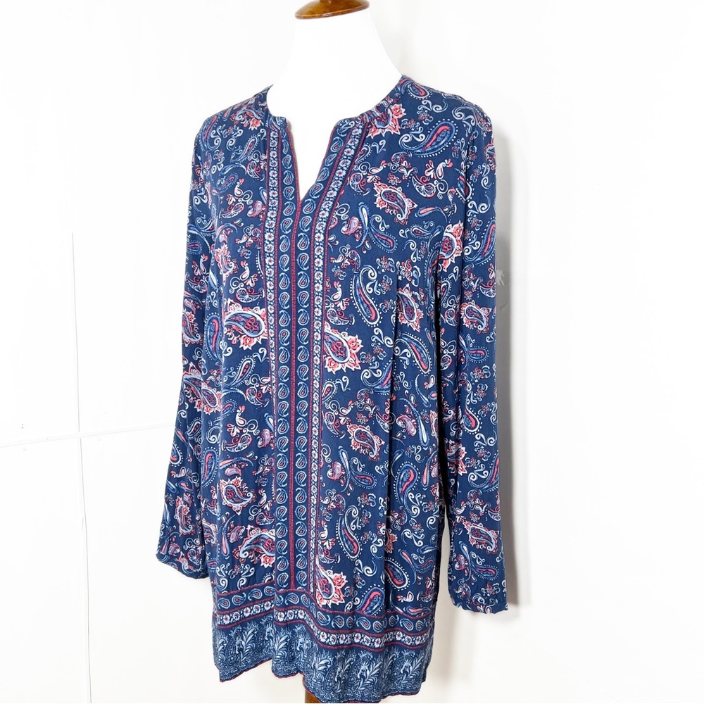 J. Jill Blue Paisley Print Long Sleeve Tunic Top Size Medium Tall - Picture 4 of 9